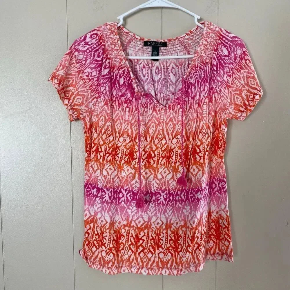 Lauren Ralph Lauren Top Small Pink Orange Ikat Print Tassel Peasant Blouse Boho